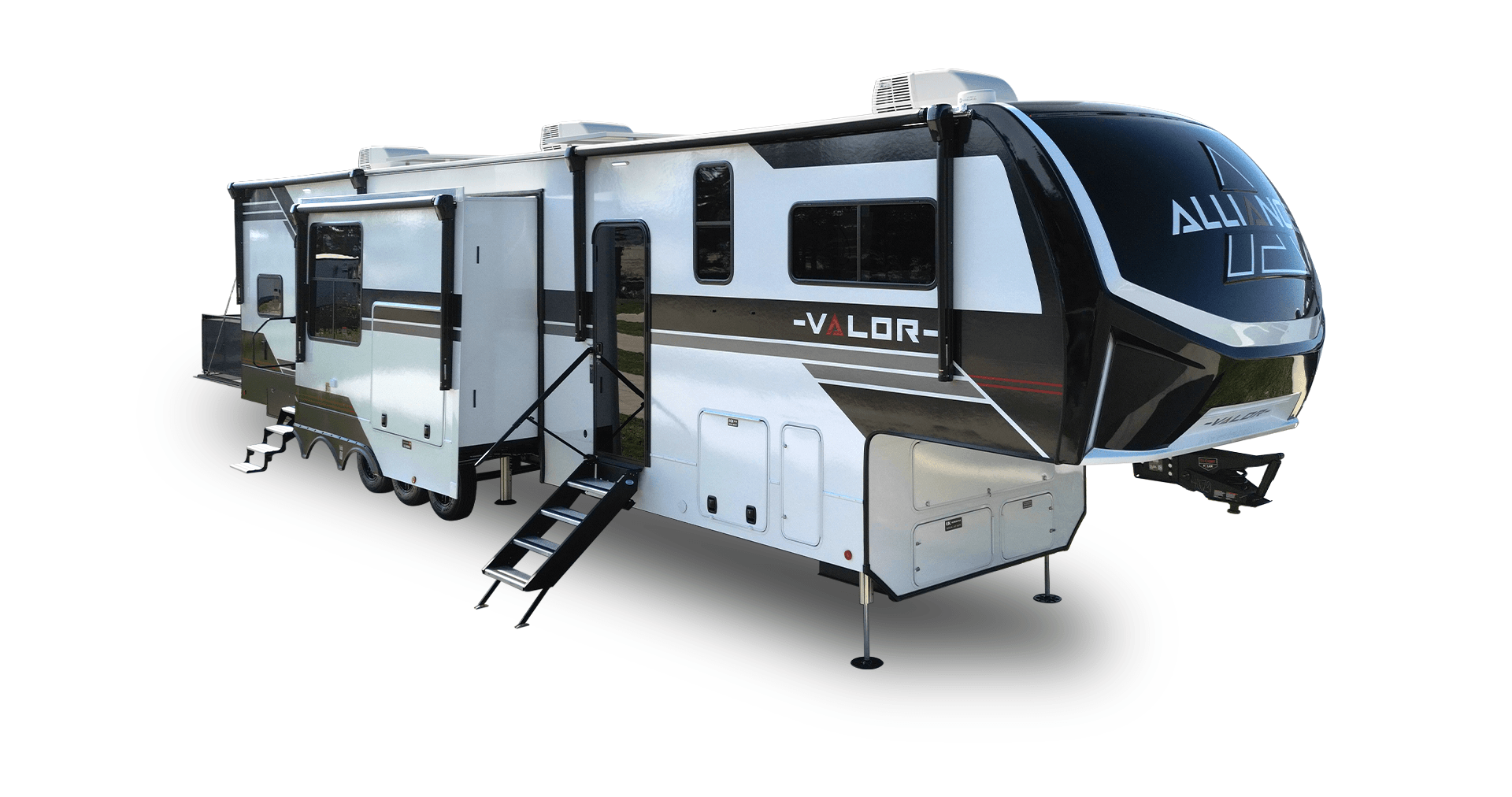 Alliance RV Valor luxury toy hauler fifth wheel floorplan and garage living space