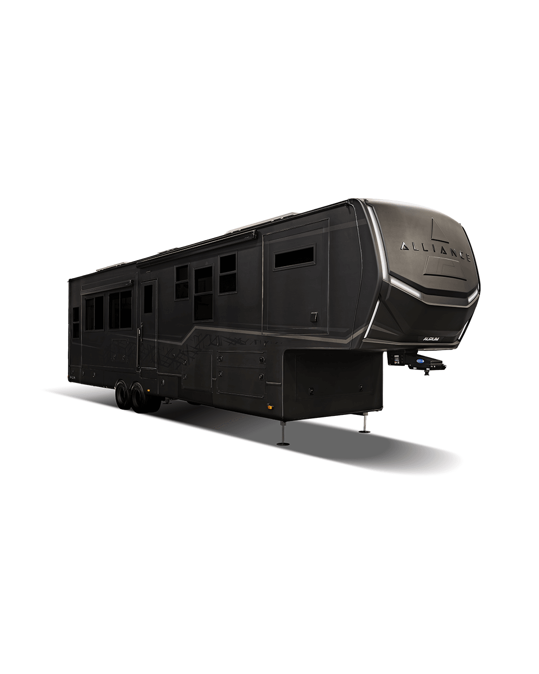 Alliance Aurum 38FB ultra-luxury fifth wheel with full body paint and tandem dual rear wheels, shown in side profile