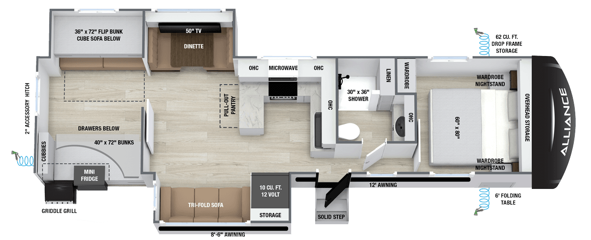 2027 Delta 321BH luxury travel trailer floorplan layout