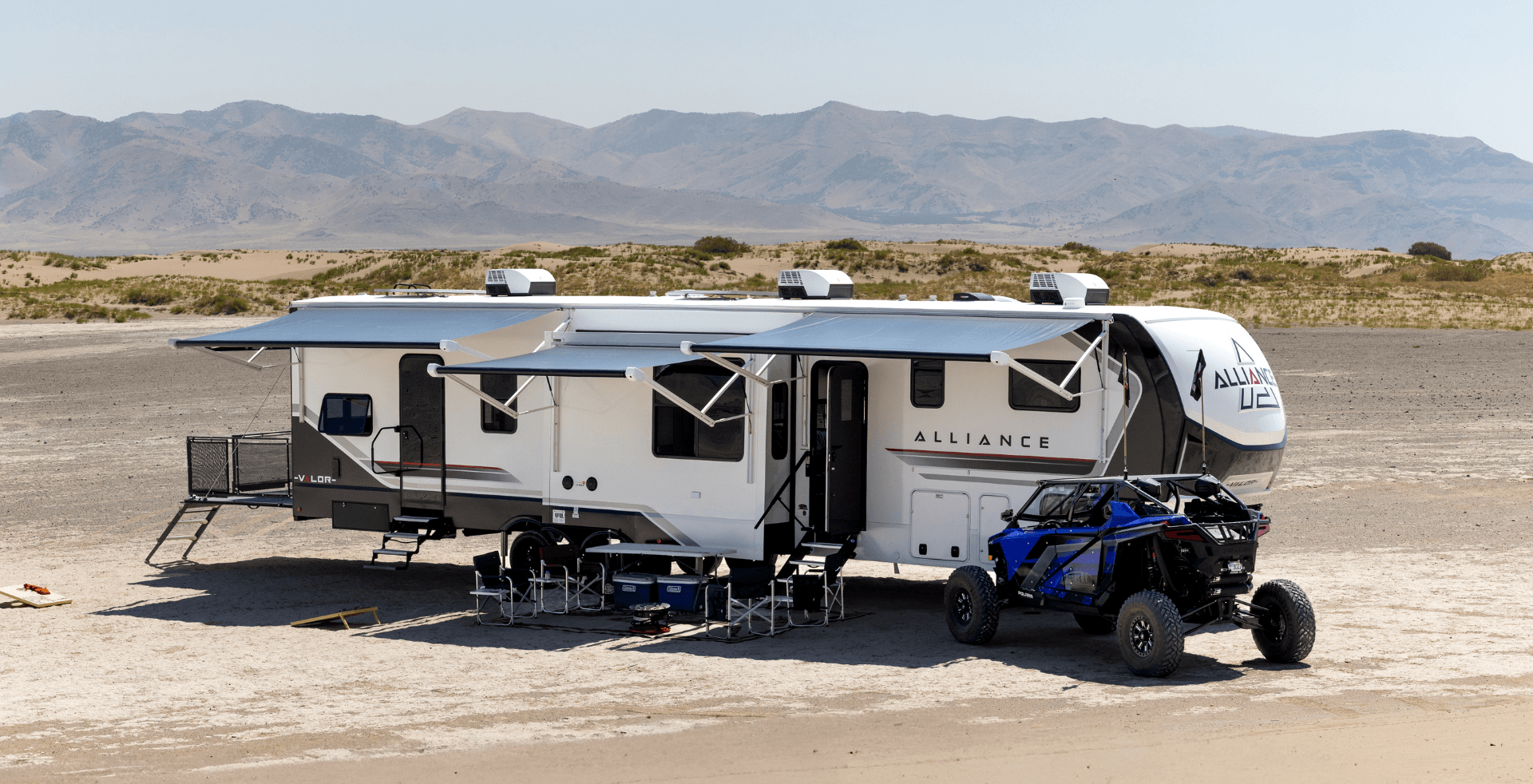 Alliance RV Valor luxury toy hauler fifth wheel floorplan and garage living space
