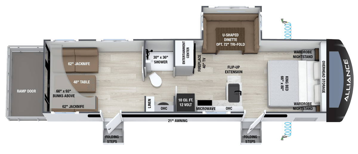 2027 Delta 3011X luxury toy hauler floorplan layout